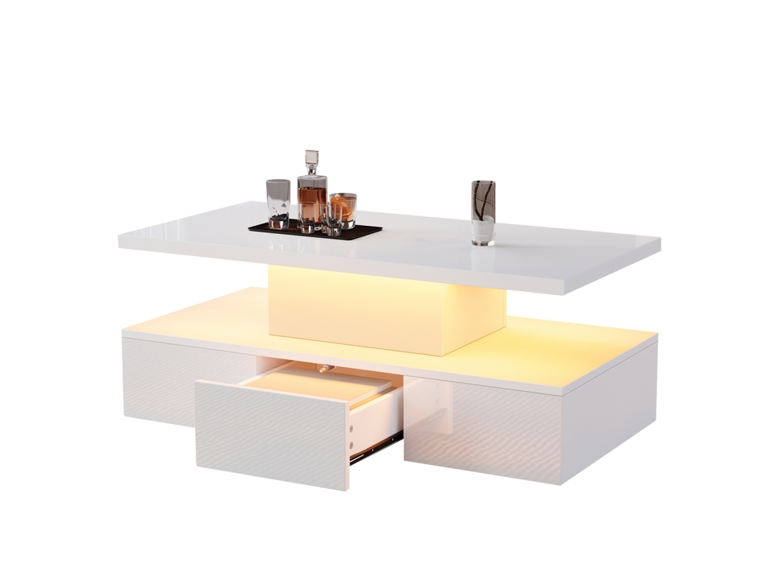 Mesa de Centro Retangular Branca com 2 Níveis,luz Led de 16 Cores,prateleira Aberta e Gaveta Deslizante para Sala de Estar PAPRIKA SHOP