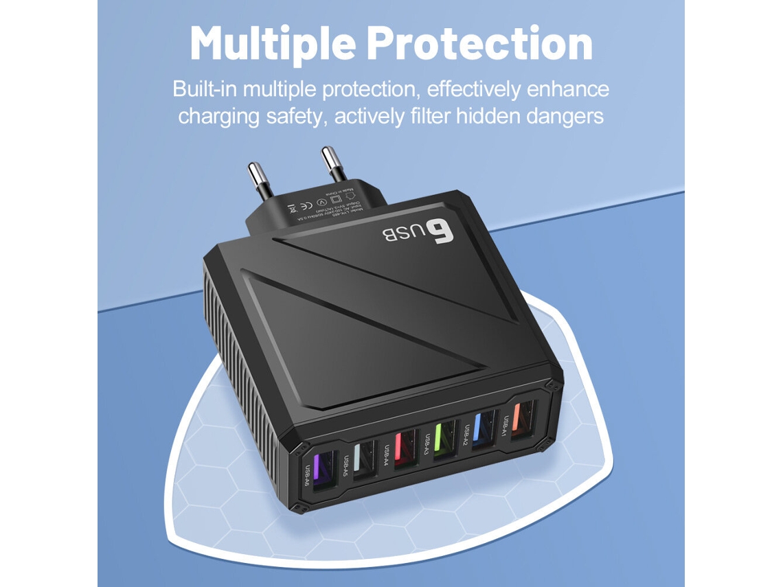 Carregador Usb Lyk-885 15w 3.1a Com 6 Portas, Adaptador De Parede Ficha Americana
