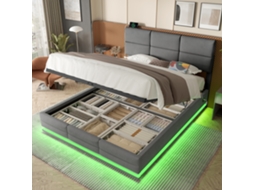 Cama de Veludo 160x200 Cm com Arrumação Led Usb Cabeceira Ajustável Compartimento Hidráulico Cinza VSOGA