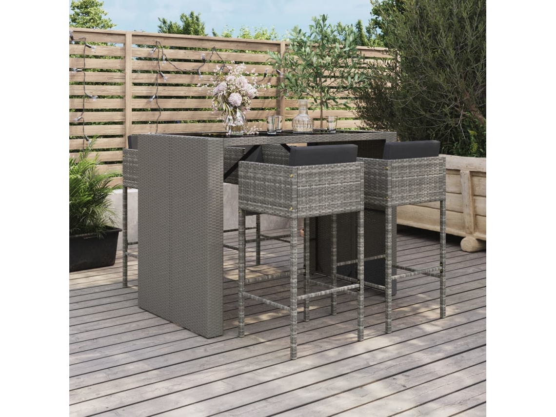 Vidaxl 5 Pcs Conjunto De Bar P/ Jardim C/ Almofadões Vime Pe Cinzento