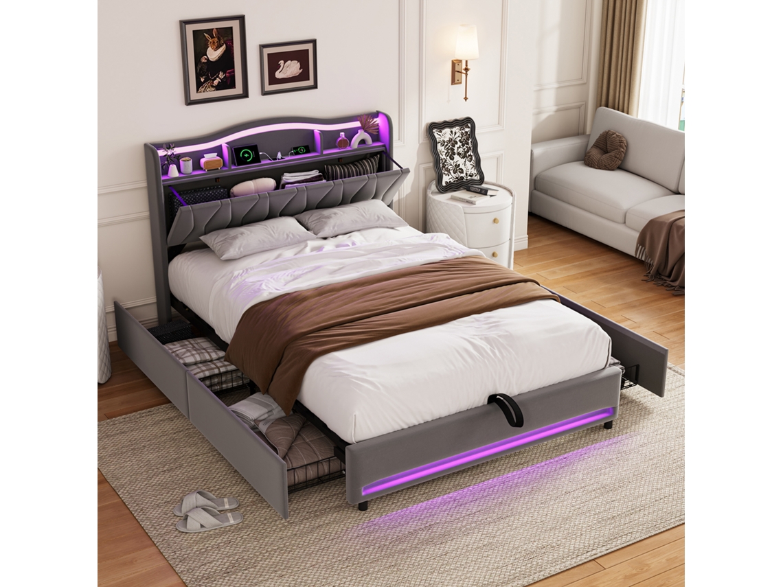 Cama 140x200 Com Gavetas Em Veludo Cinza Com Cabeceira Com Usb, Arrumação E Iluminação Led