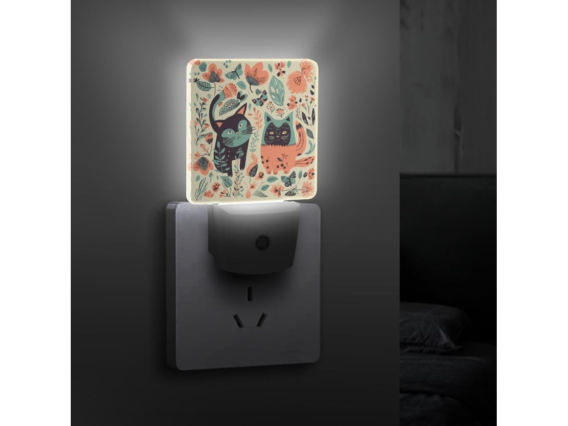 Luz noturna divertida com gato, pássaro e flor, com sensor crepuscular e opção de conexão com a câmera, eficiente e