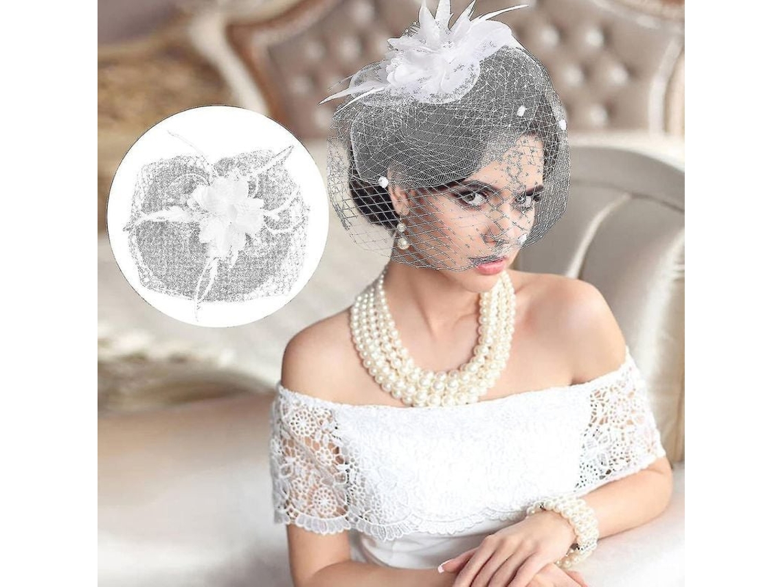 _chapéu de Noiva Feminino, Chapéu Cerimonial, Boné de Noiva para Mulheres com Acessórios de Penas e Pérolas