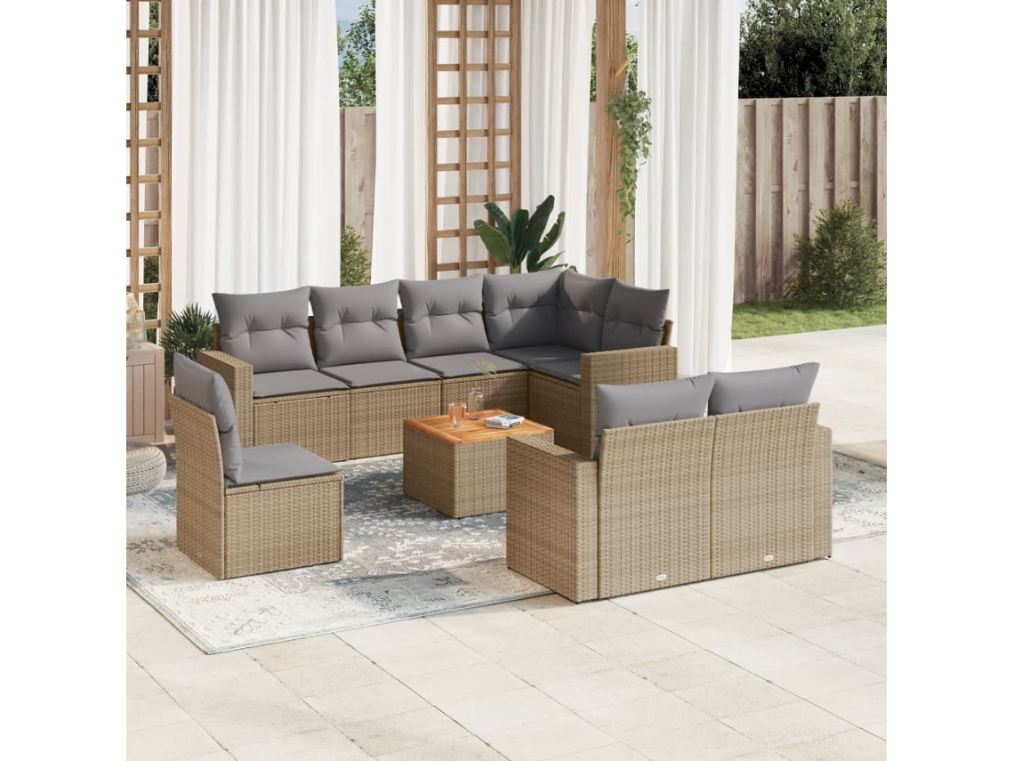 Conjunto 9 Peças Sofás Jardim C/ Almofadões Vime Pe Bege Misturado Dkd Home Decor