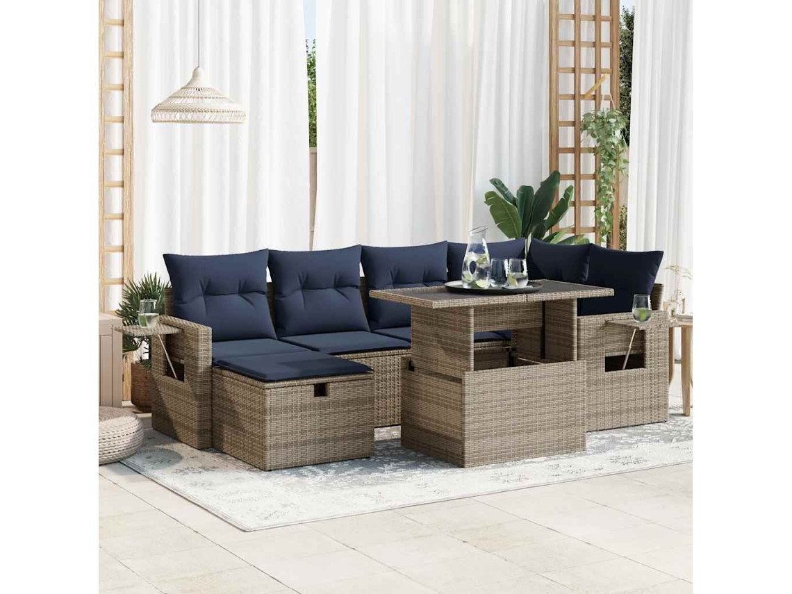 Vidaxl 7 Pcs Conj. Sofás Jardim C/ Almofadões Vime Pe/acácia Cinzento