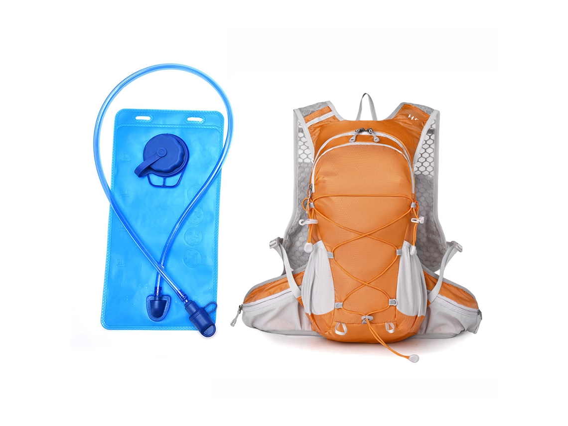 Mochila leve (laranja com reservatório de água) para caminhadas/camping, elegante e versátil.