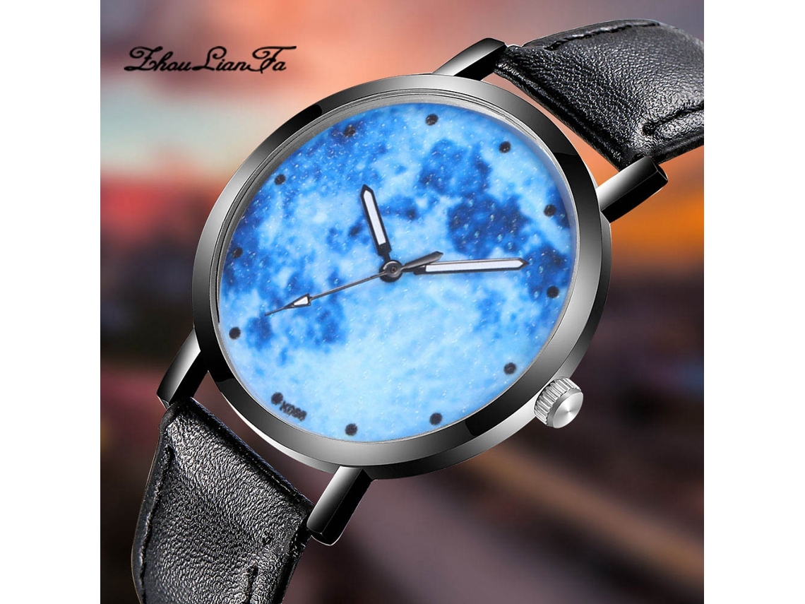 Relógio de pulso masculino casual de quartzo com pulseira de couro, mostrador analógico redondo, preto.