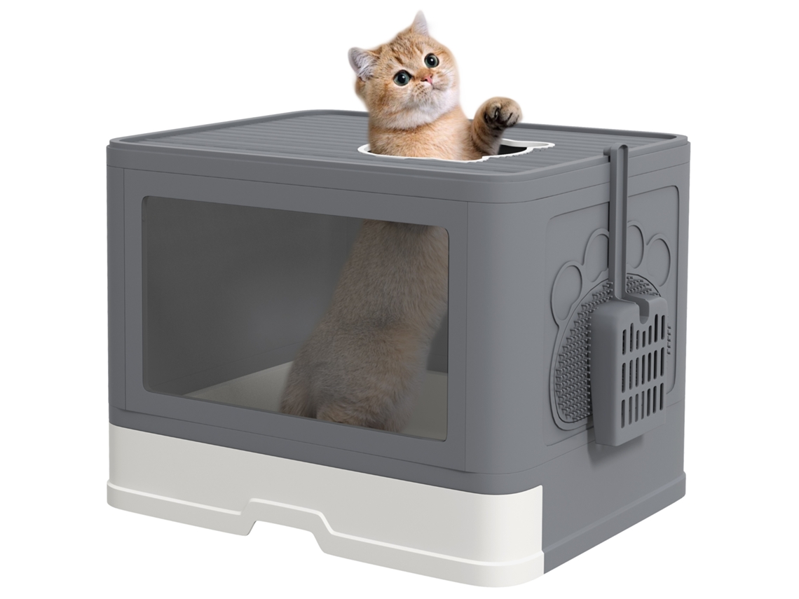 Caixa de Areia para Gatos com Tampa, 2 Saídas, 48,5 X 38 X 36,5 Cm, Cinza + Branco ESSÊNCIACASA