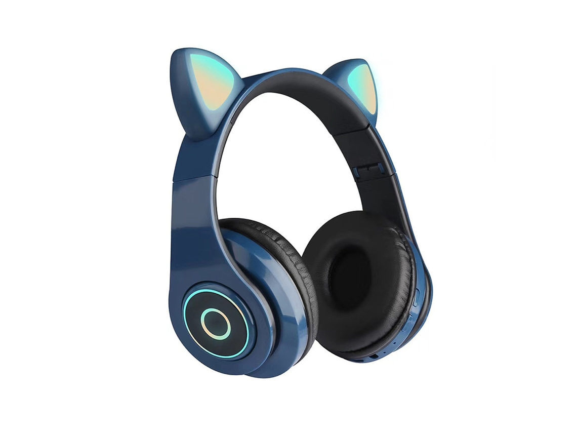 Fone De Ouvido Gamer Sem Fio B39 Com Orelhas De Gato Fofas Bt5.0 Plegável Com Luz Rgb E Reprodução Via Cartão Tf Azul