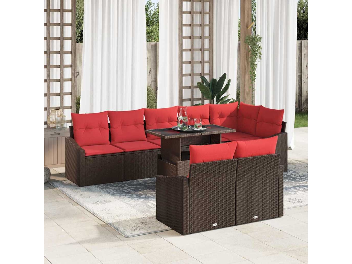 Vidaxl Conjunto De Sofá De Jardim 9 Unid. Marrom E Vermelho Vime Pe