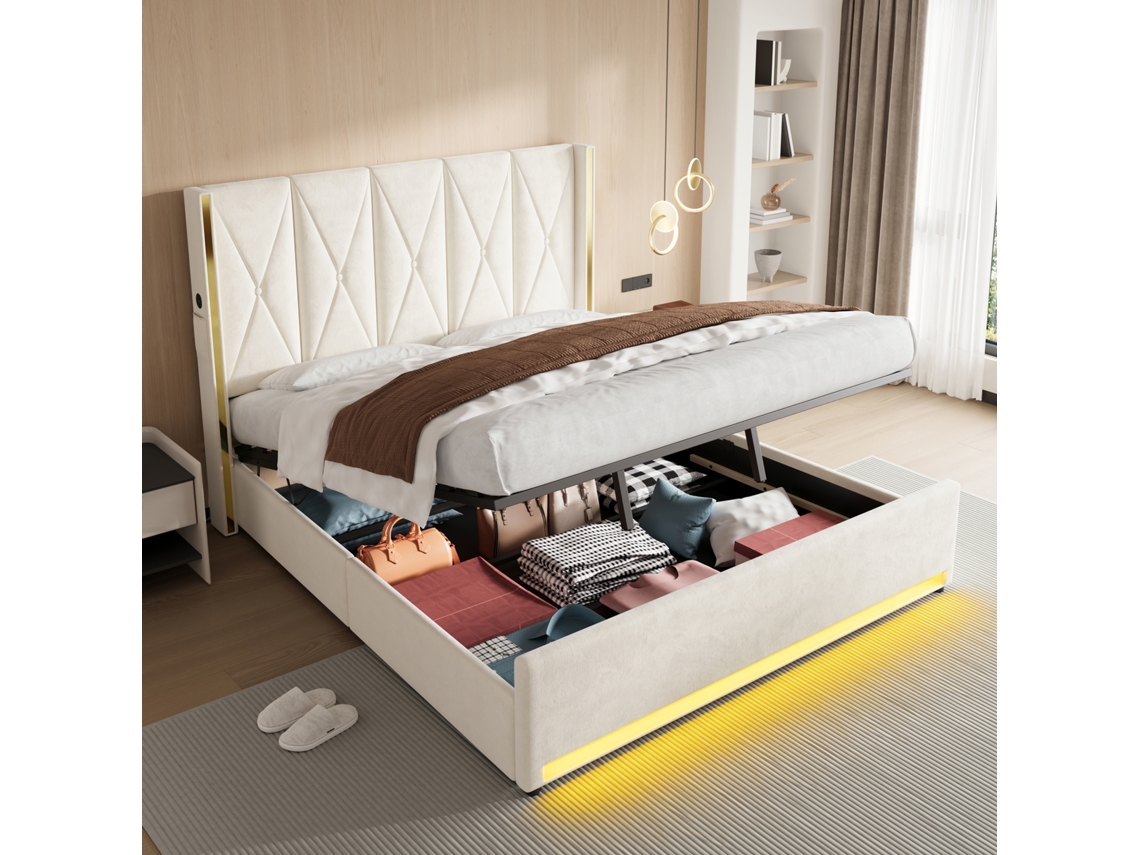 Cama Estofada 180 X 200 Cm Com Cabeceira Alta Acolchoada, Bolsos Laterais, Usb, Led, Estrutura Elevatória