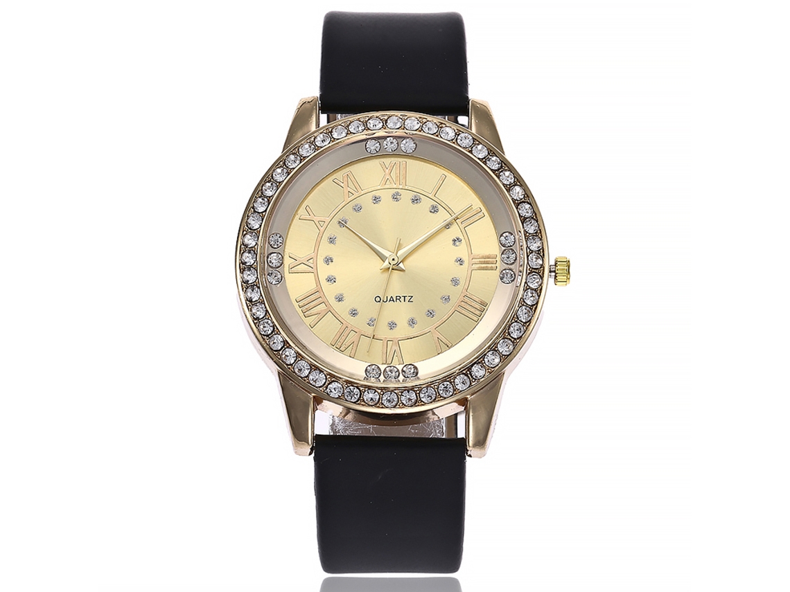 Relógio de Pulso Feminino Vansvar de Quartzo com Cinta de Pu e Strass Dourado