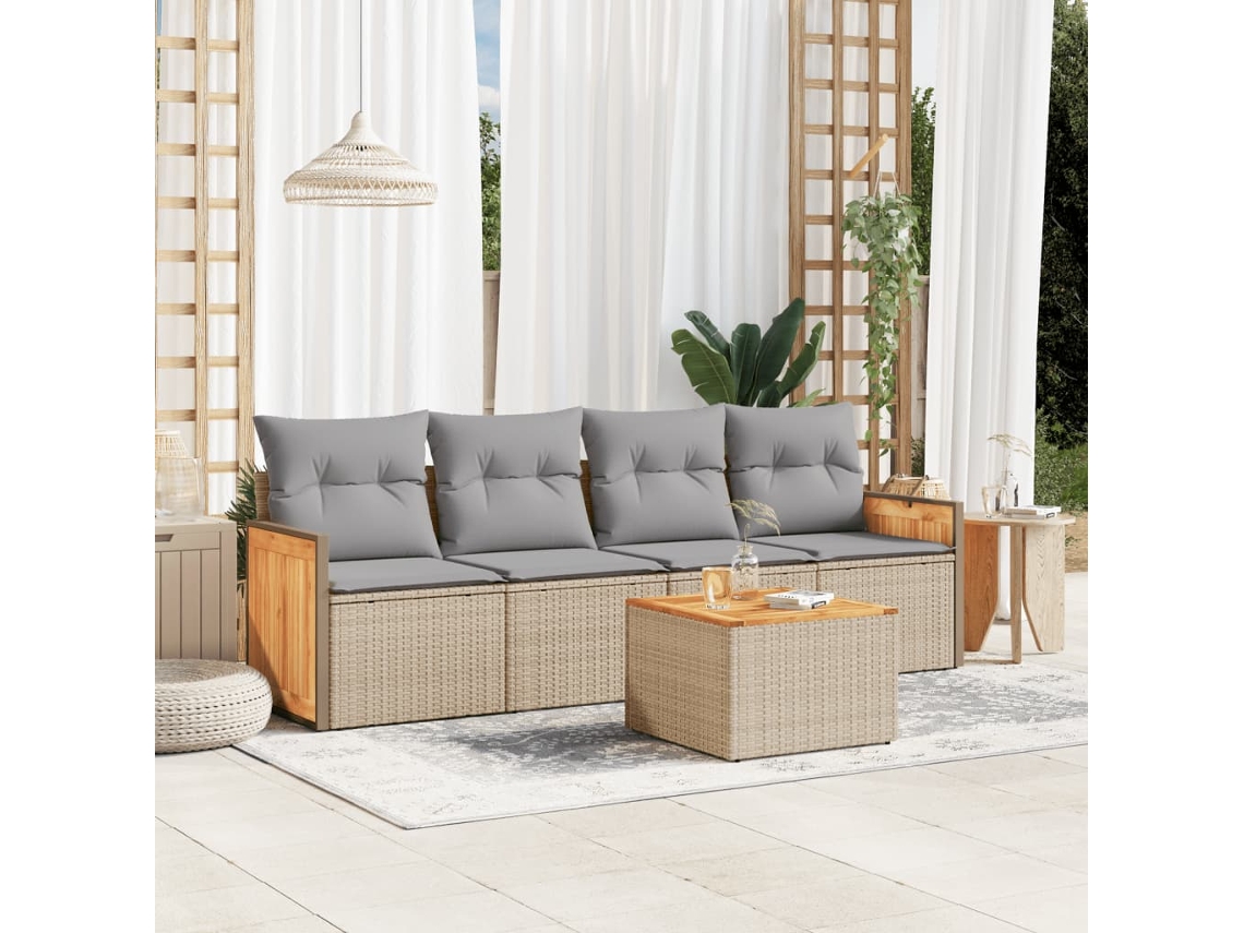 Vidaxl 5 Pcs Conjunto De Sofás P/ Jardim Com Almofadões Vime Pe Bege