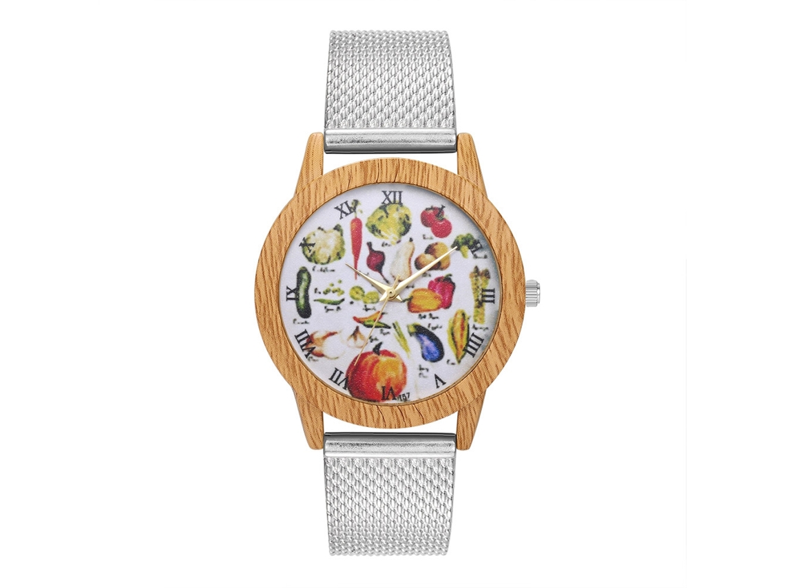 Reloj De Pulsera Casual Unisex De Negocios Con Patrón De Verduras Plata Cuarzo