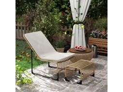 Conjunto de Poltrona Jardim C/apoio Pés Vime Sintético Exterior C/almofada Acolchoada e Estrutura Aço 65x93x80 Cm Madeira e Bege