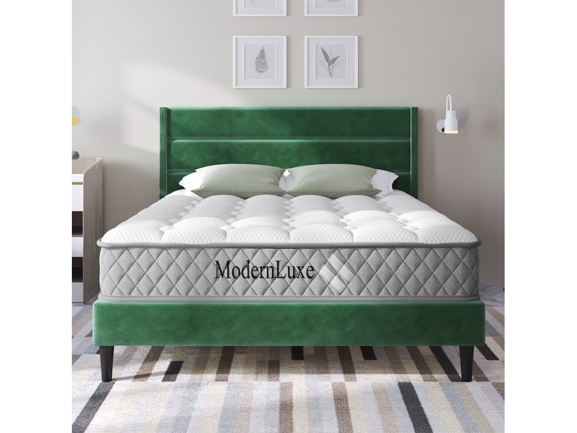 Cama Estofada 140x200 Cm - Com Estrado E Cabeceira, Cama De Casal Acolchoada, Veludo Verde Escuro