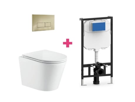 Conjunto de vaso sanitário suspenso de cerâmica Turin com cisterna retangular dourada e botão de pressão Aquore