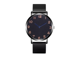 Relógio masculino de negócios, movimento de quartzo, pulseira de malha metálica e mostrador preto.