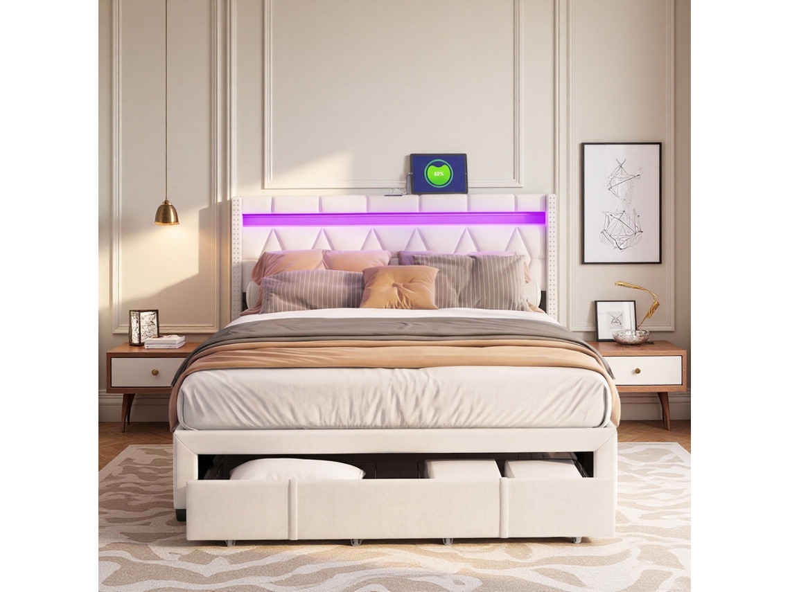 Cama De Casal 160x200 Linho Bege Capitonada C/ Led Usb 4 Gavetas Armazenamento Francês Moderno Nórdico Inteligente P/ Apto Pequeno