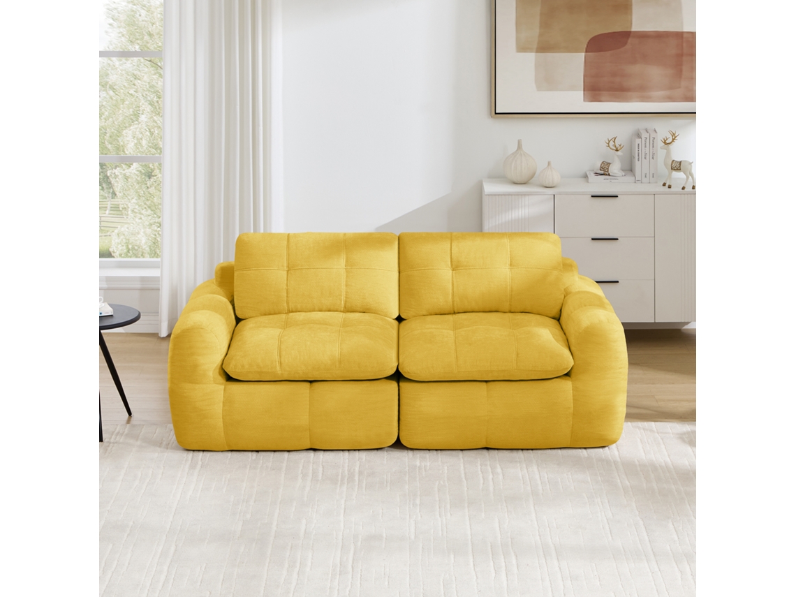 Sofá Modular 2 Lugares Em Chenille Acolchoado, Formato Quadrado, Espuma 32d, Assento Profundo, Amarelo
