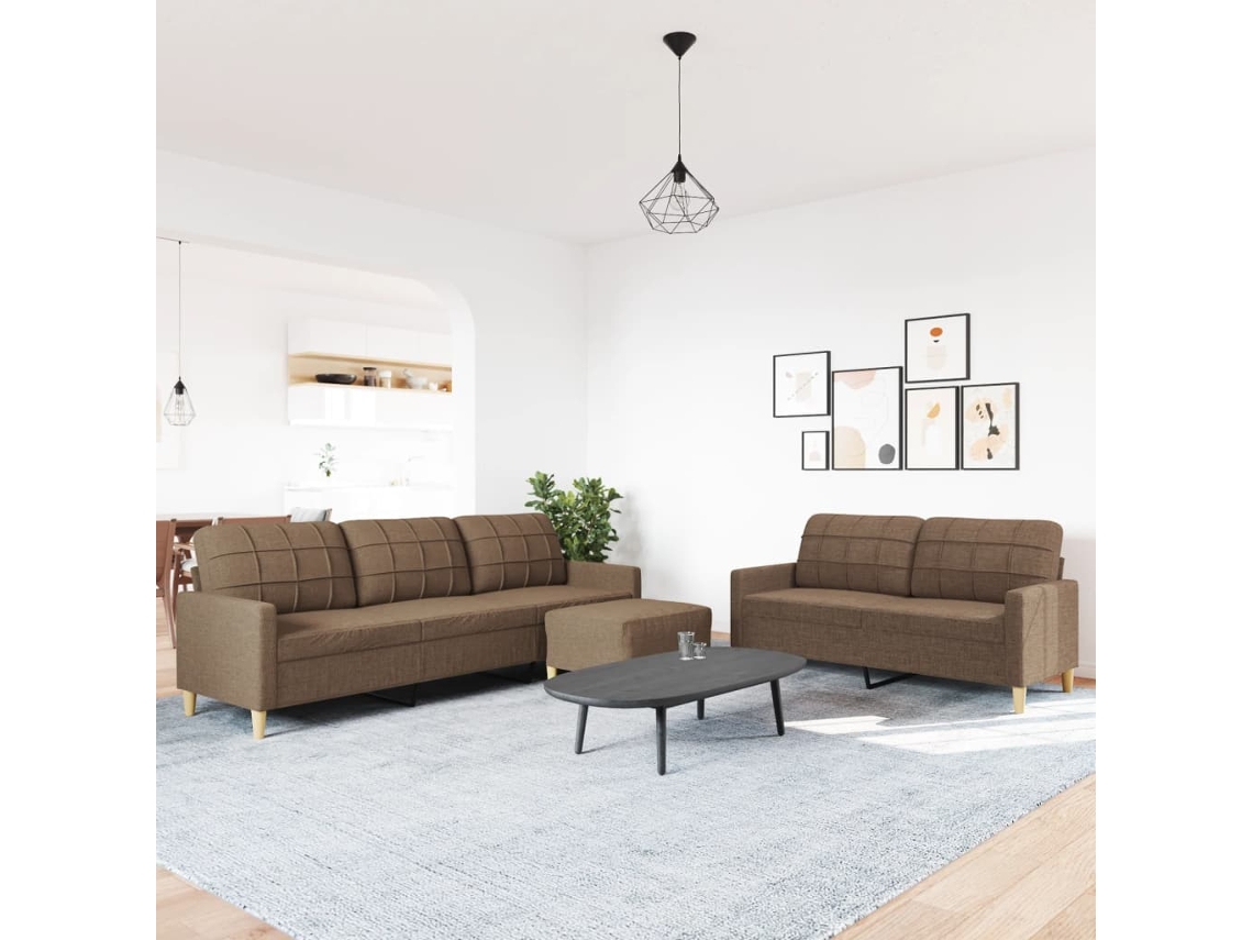 3 Pcs Conjunto de Sofás com Apoio para Pés Tecido Castanho SYFAX