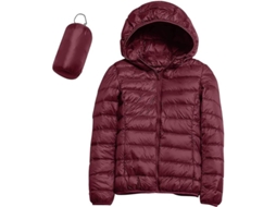 Jaqueta de Pluma Leve Casual Feminina com Capuz, Empacotável e com Bolsa de Armazenamento Medium K wine