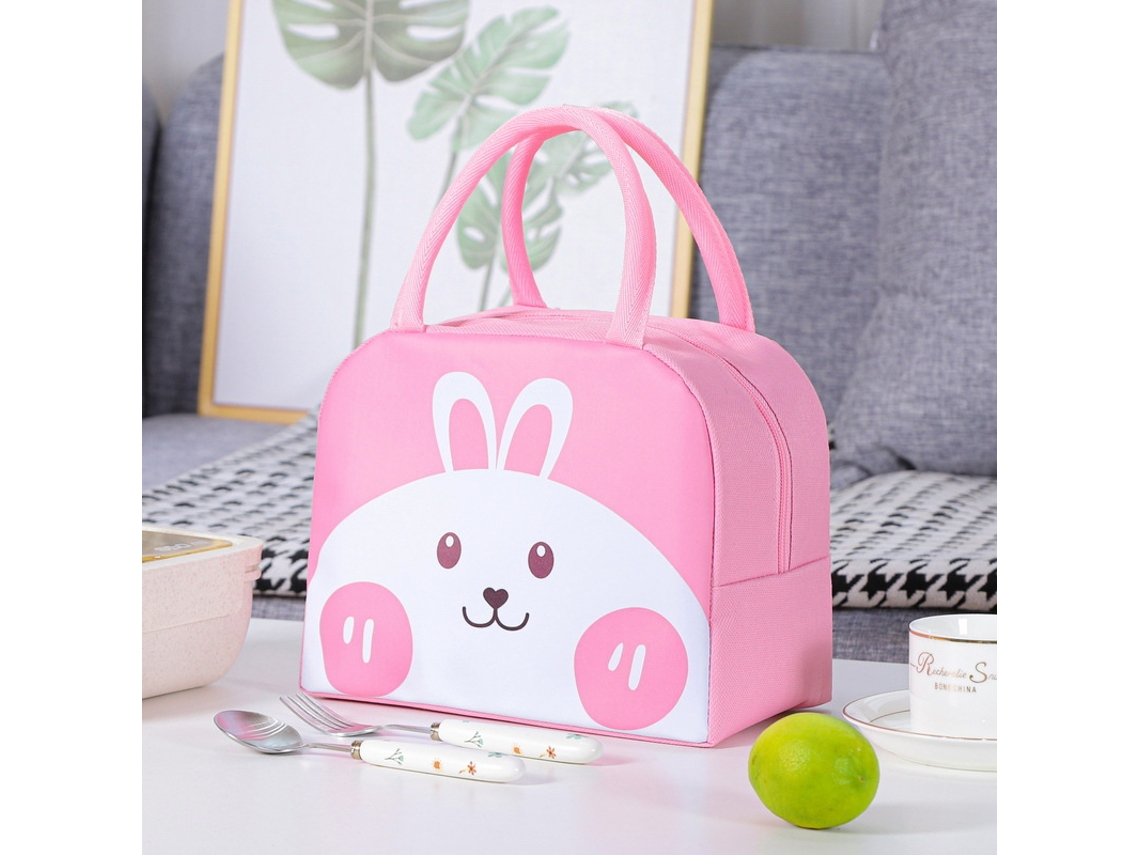 Lancheira Portátil com Estampa de Coelho Rosa, Estilo Desenho Animado, Inclui Bolsa Térmica. MDUG