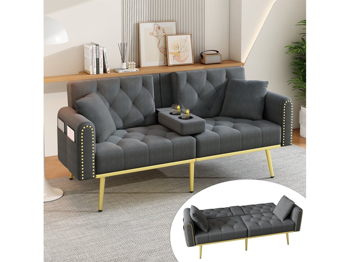 Sofá Cama De 2 Lugares Função Cama, 3 Posições Ajustáveis, Com Porta Copos Cinza Mobrio