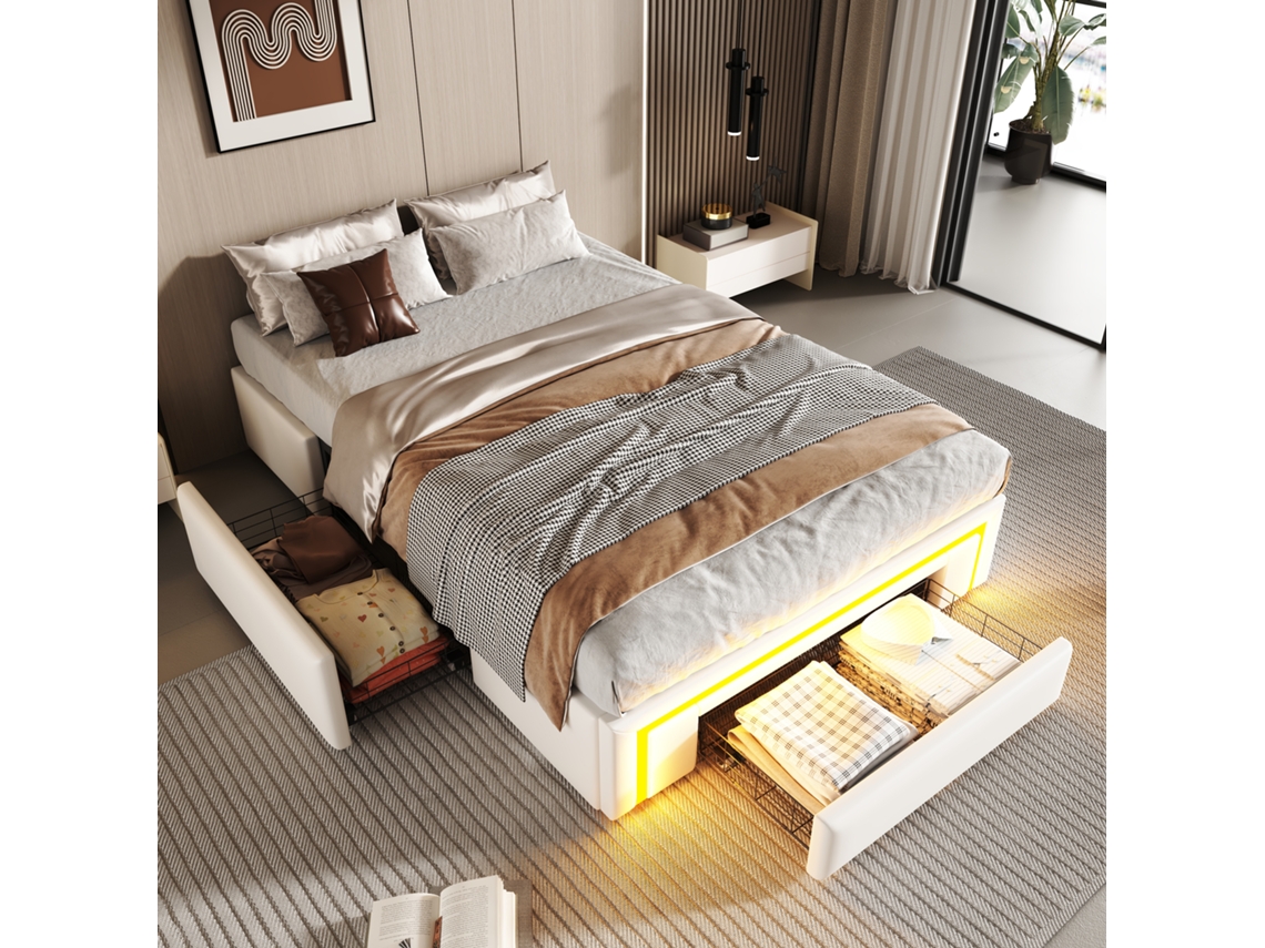 Cama 90x200 Plataforma Metal Branca Moderna Com Gavetas Pu-led Sem Cabeceira