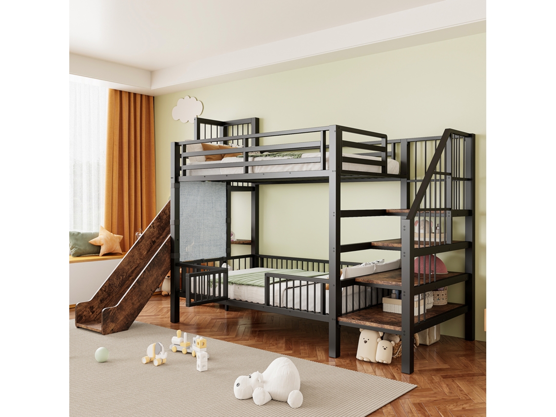 Cama Alta De Metal 90x200cm Preto Para Crianças Com Escorrega E Prateleiras