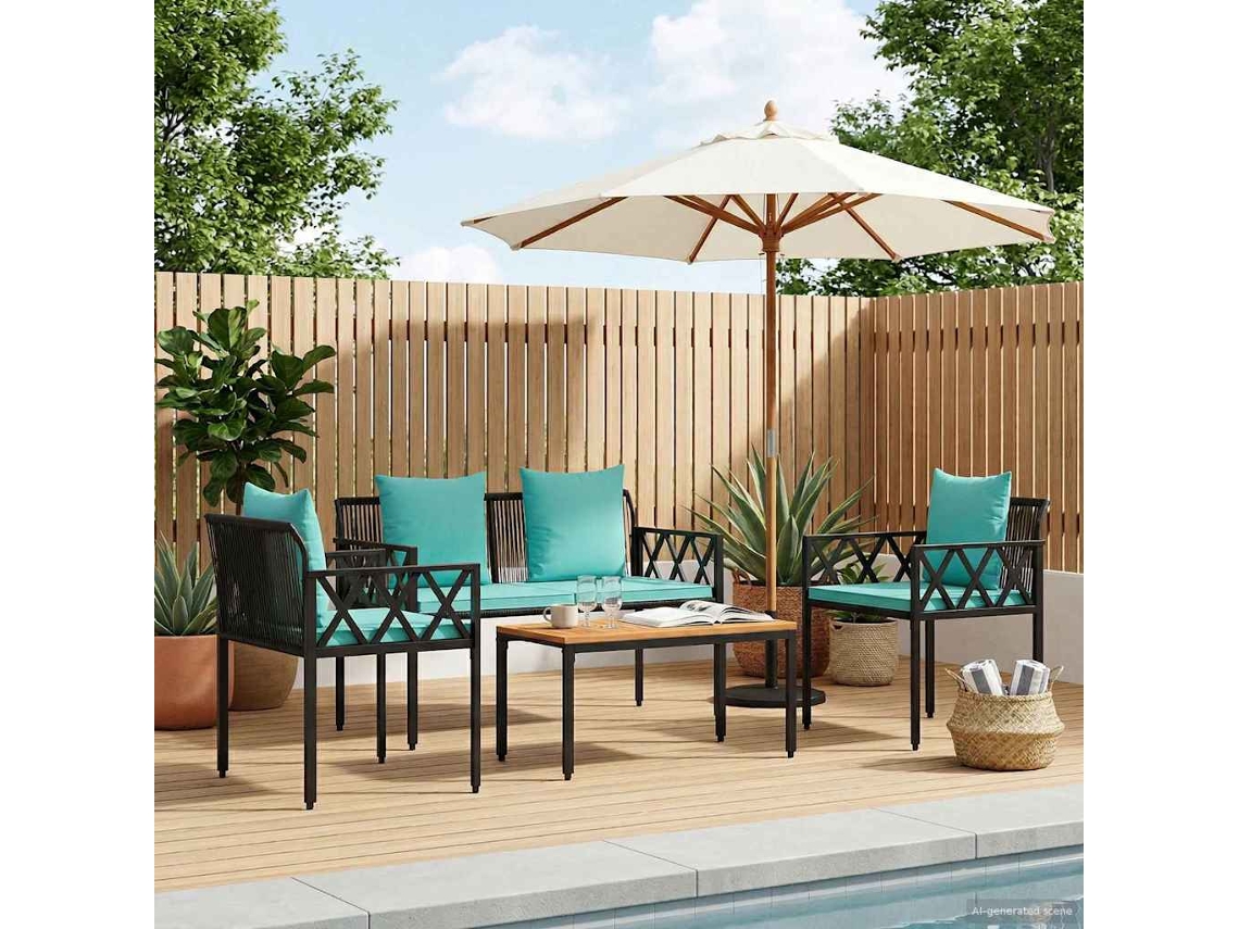Vidaxl Conjunto De Móveis Para Exterior 4 Pcs Preto E Turquesa Vime Pe