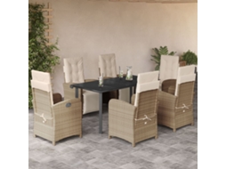 Conjunto 7 Peças Jantar P/ Jardim Com Almofadões Vime Pe Bege Dkd Home Decor