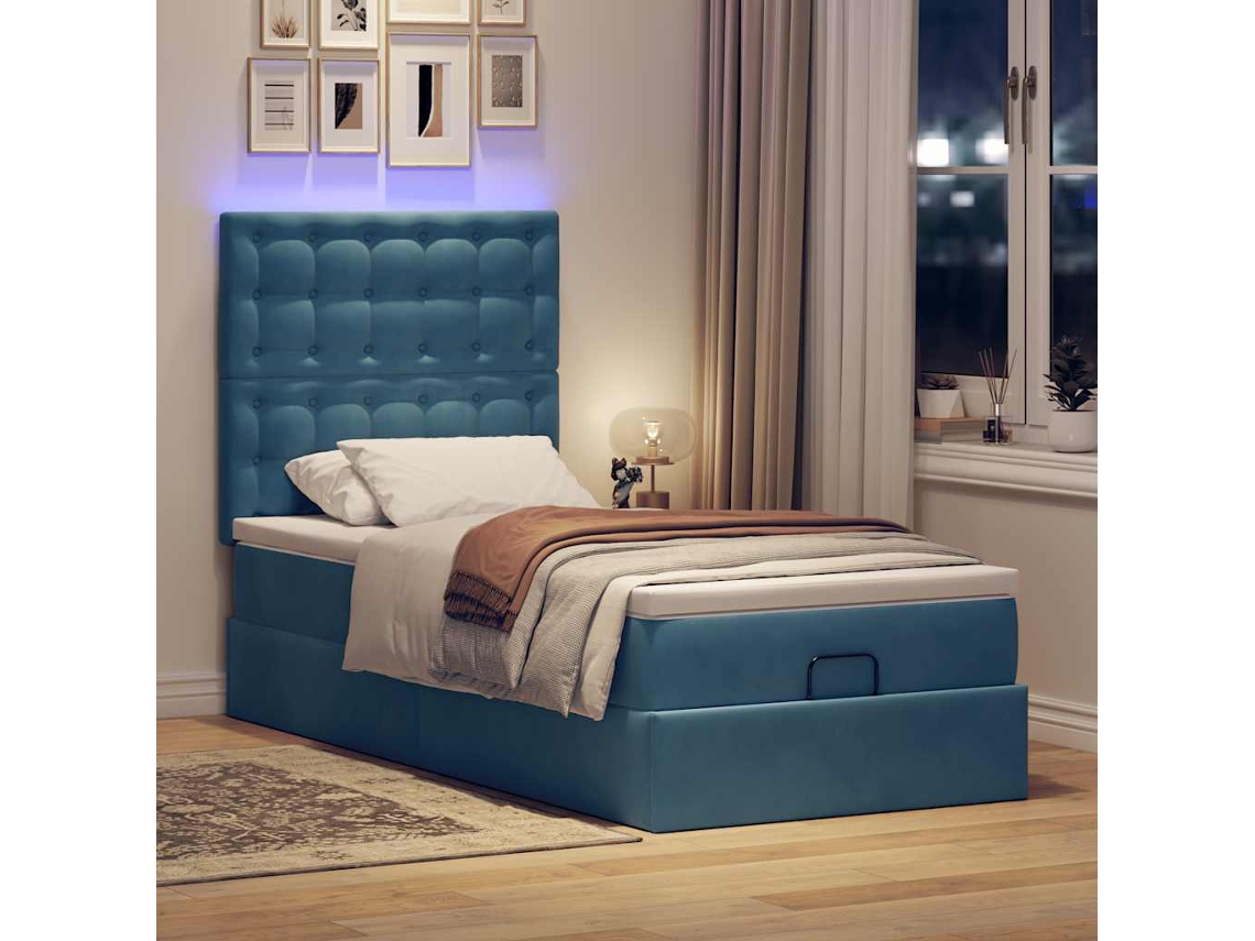 Estrutura Cama Otomana Colchões 80x200 Cm Veludo Azul Escuro