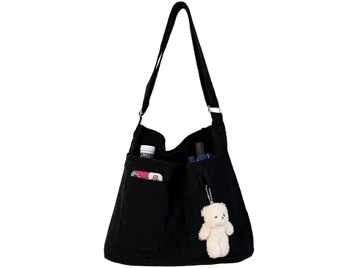 Bolsa de Ombro de Lona com Zíper, Reutilizável, Lavável, Transversal, para Praia, Dobrável, para Compras, Ecológica, Estilo Hobo, Preta. GOKOCO