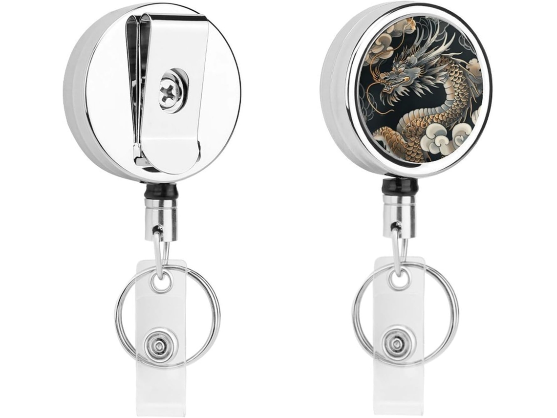 Porta Crachá Retrátil Com Dragão Oriental Preto, Moderno E Durável, Em Metal, Com Cordão De Nylon De 68cm, Ideal Para