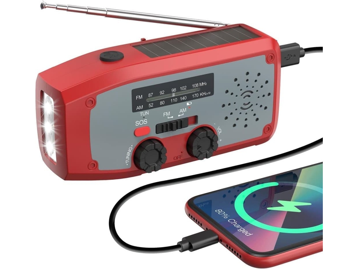 Rádio de Emergência Solar Am/fm com Manivela, Bateria Externa de 2000mah, Alarme Sos e Lanterna Led AQUAFORGE