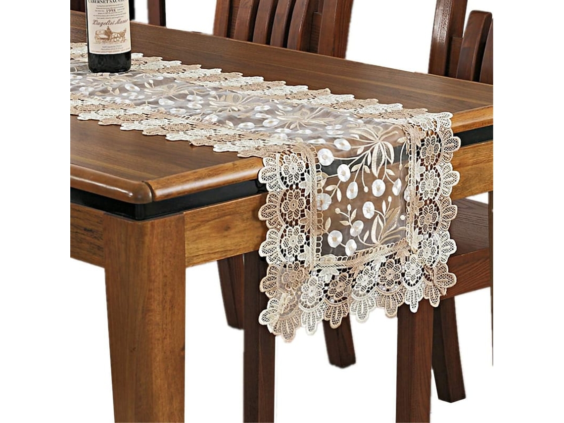 Caminho De Mesa Renda Bordado Floral Retângulo Transparente Bege 16 X 78 Polegadas