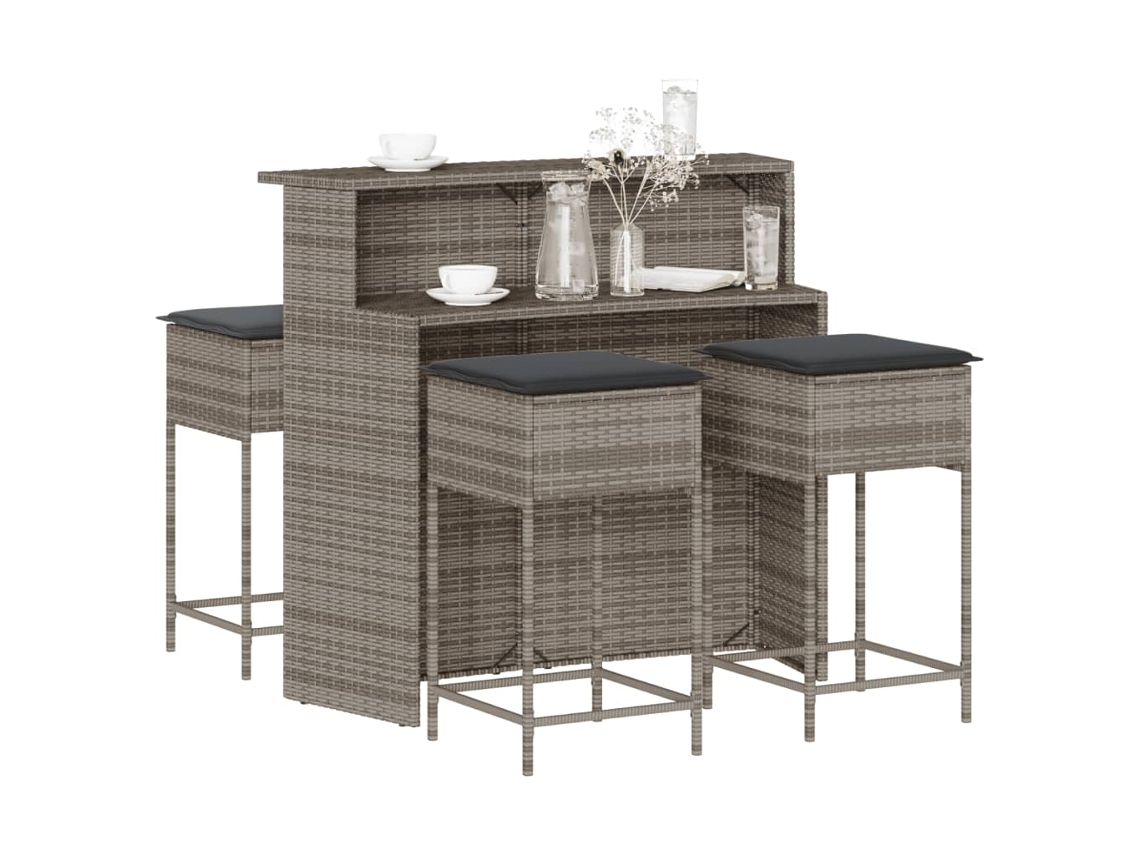 Vidaxl 5 Pcs Conjunto De Bar P/ Jardim C/ Almofadões Vime Pe Cinzento