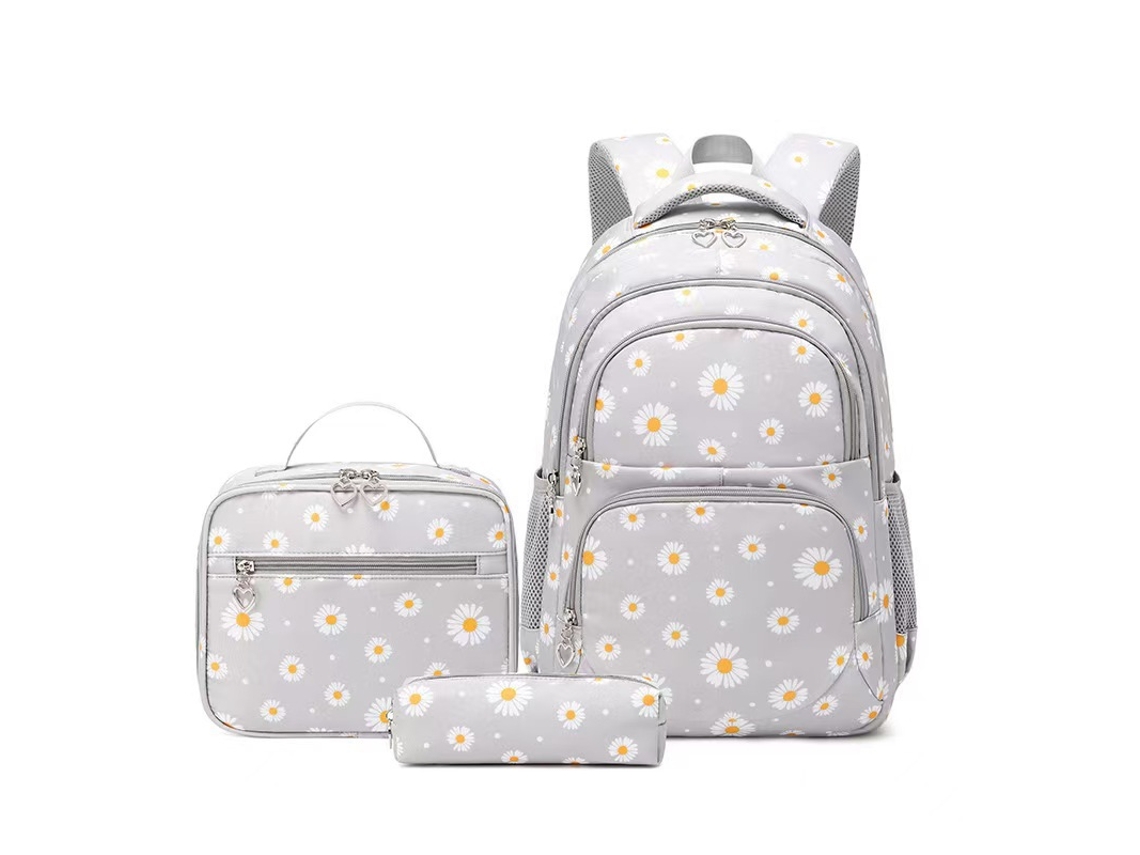 Conjunto De Mochilas De 3 Peças Estampado: Mochila De Nylon Impermeável + Lancheira Térmica + Estojo – Cinza