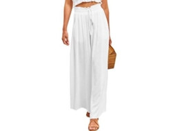2026-pantalones Casuais Para Mulher Com Cintura Elástica E Perna Larga Com Bolsos L Blanco