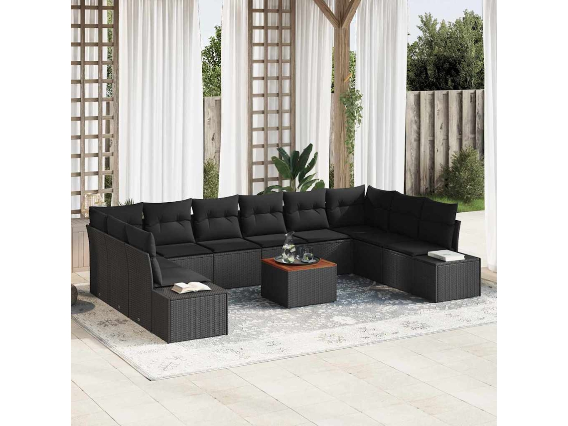 Vidaxl Conjunto De Sofá De Jardim 11 Unid. Preto Vime Pe