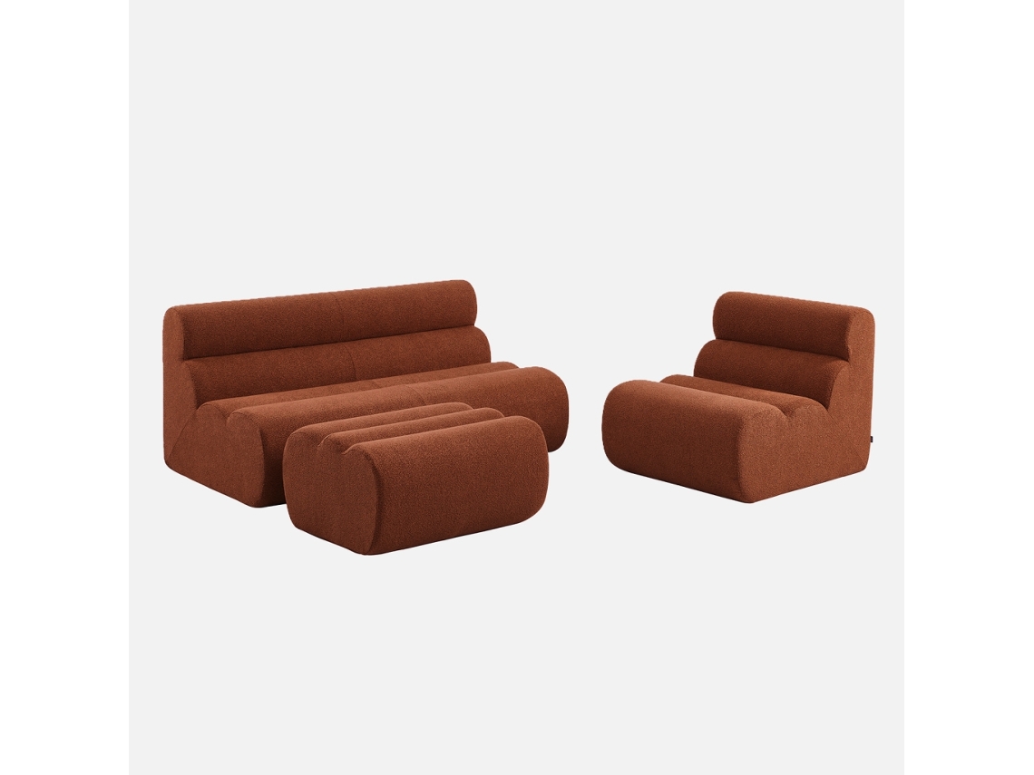 Sofá Modular Em Bouclé Com Pufe Embalados A Vácuo, 3 Lugares, Terracota