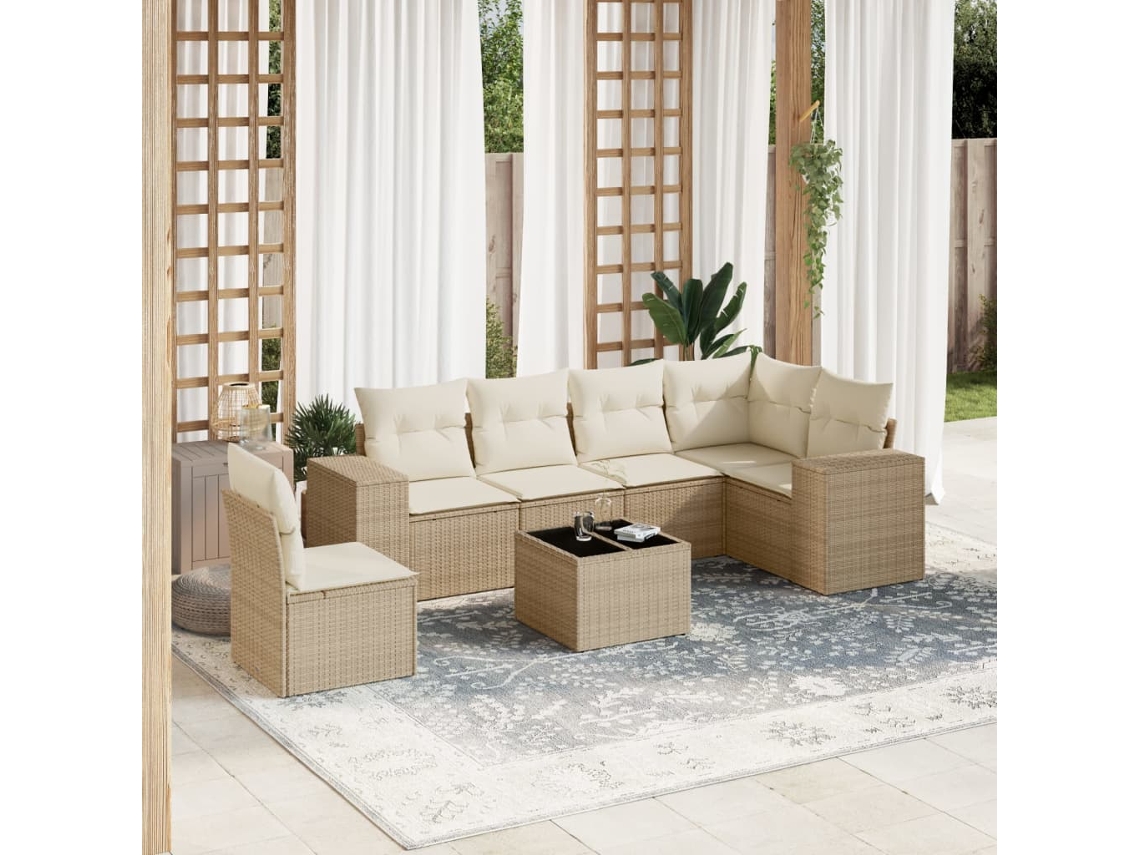 Vidaxl 7 Pcs Conjunto De Sofás P/ Jardim Com Almofadões Vime Pe Bege