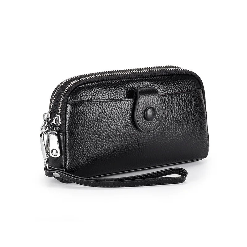 (bolsa De Mão Preta) Carteira Longa Feminina Em Couro Legítimo, Bolsa De Mão, Carteira De Pulso Com Zíper Duplo
