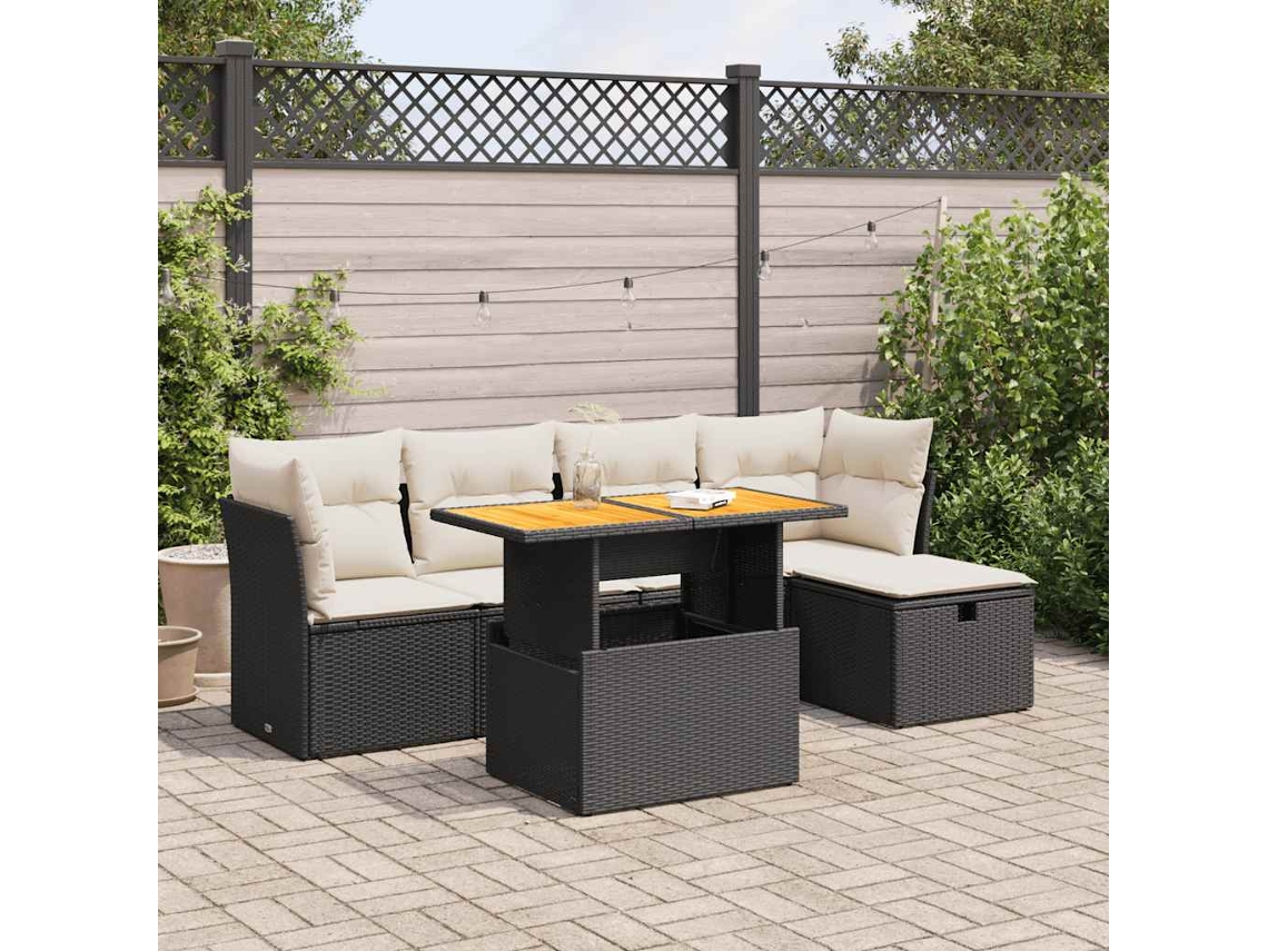 Vidaxl 6 Pcs Conjunto Sofás Jardim C/ Almofadões Vime Pe/acácia Preto