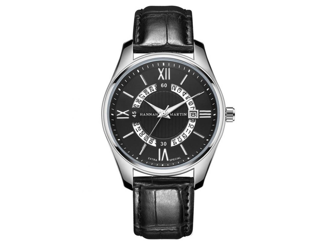 Relógio analógico redondo em aço com calendário e pulseira de couro elegante Ky14-h-yh