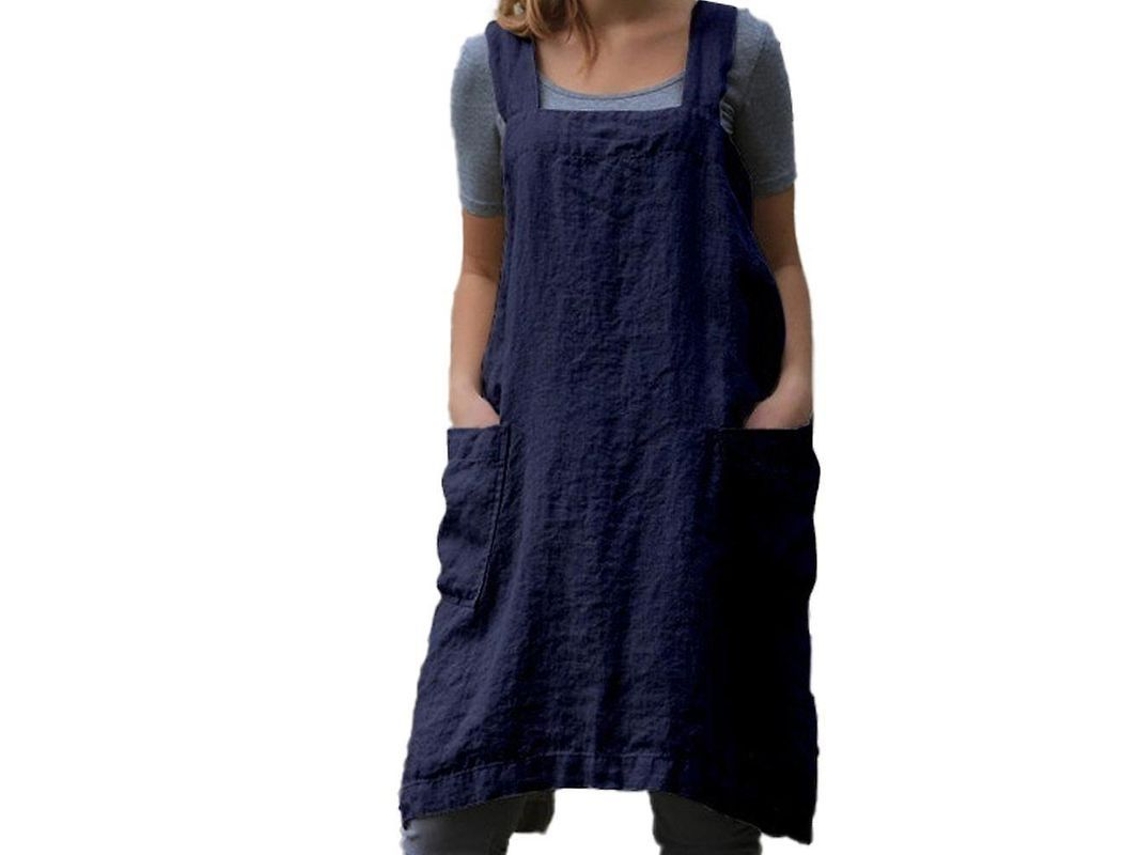Avante De Algodão E Linho Com Design Sem Laços, Bolso Grande E Cobertura Até O Joelho - Ideal Para Cozinha E Presente Azul
