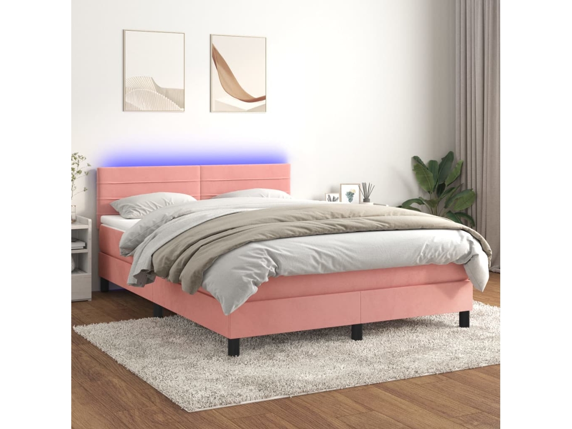 Cama Box Spring C/ Colchão/led 140x200 Cm Veludo Rosa