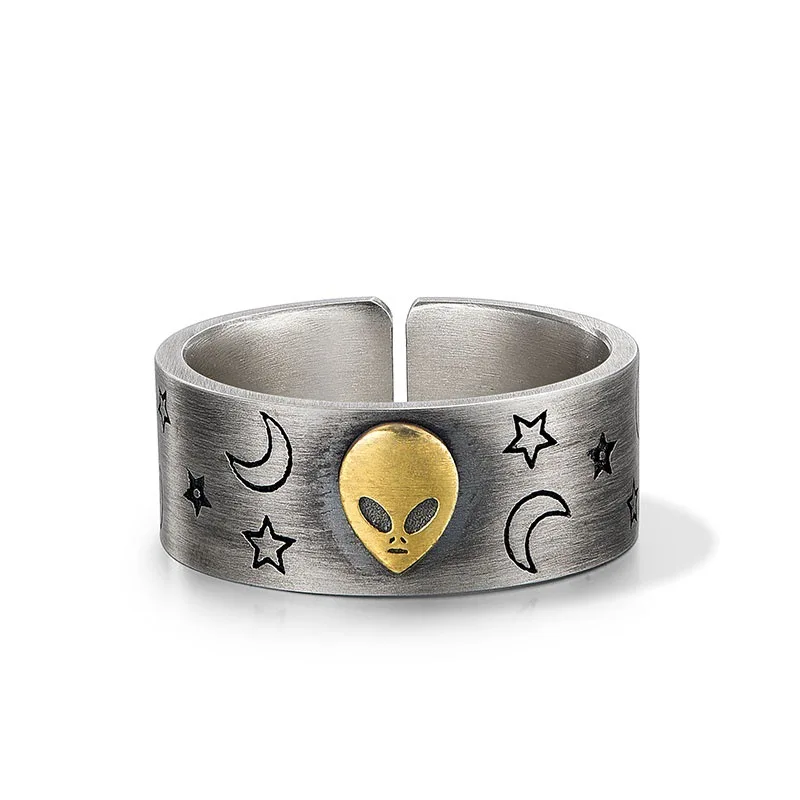 Anel Masculino Vintage Com Cabeça De Alienígena E Gravação De Lua E Estrela.