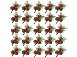 25 Mini Raminhos de Pinheiro Artificial com Bagas Vermelhas e Pinhas Naturais para Natal S/MARCA